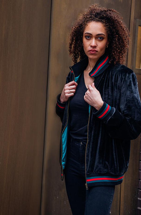 Bomber Jacket in Black with Red Green Standing Collar