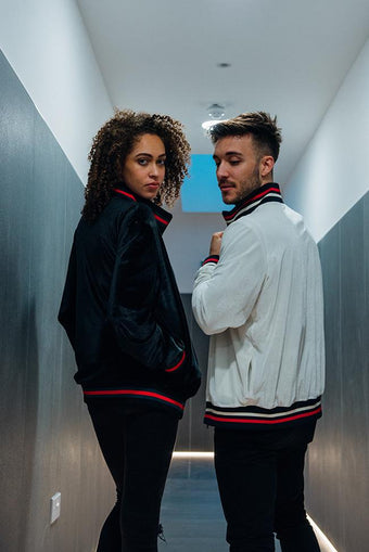 Bomber Jacket in Black with Red Green Standing Collar