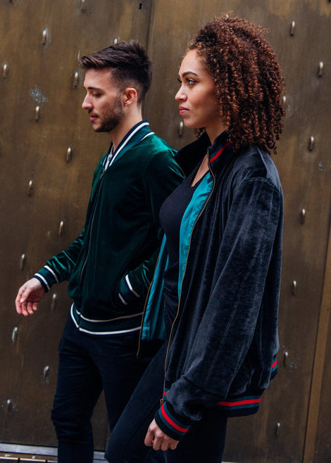 Bomber Jacket in Black with Red Green Standing Collar