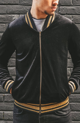 Bomber Jacket in Black Velvet with Gold Stripe Trim