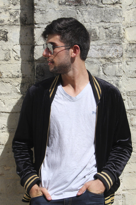 Black Bomber Jacket with Gold Stripe Trim