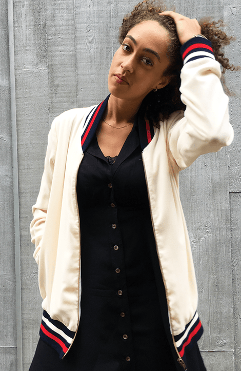 Bomber Jacket in Off White with Navy, Red and White Stripe Trim – HNYB