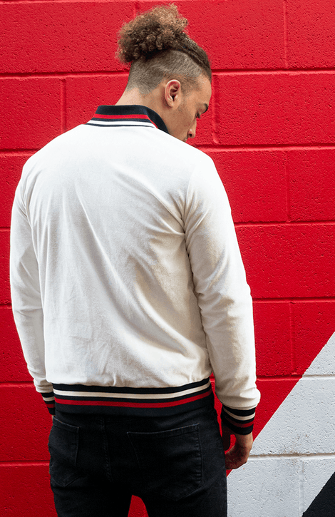 Bomber Jacket in Off White with Navy Red and White Stripe Trim HNYB